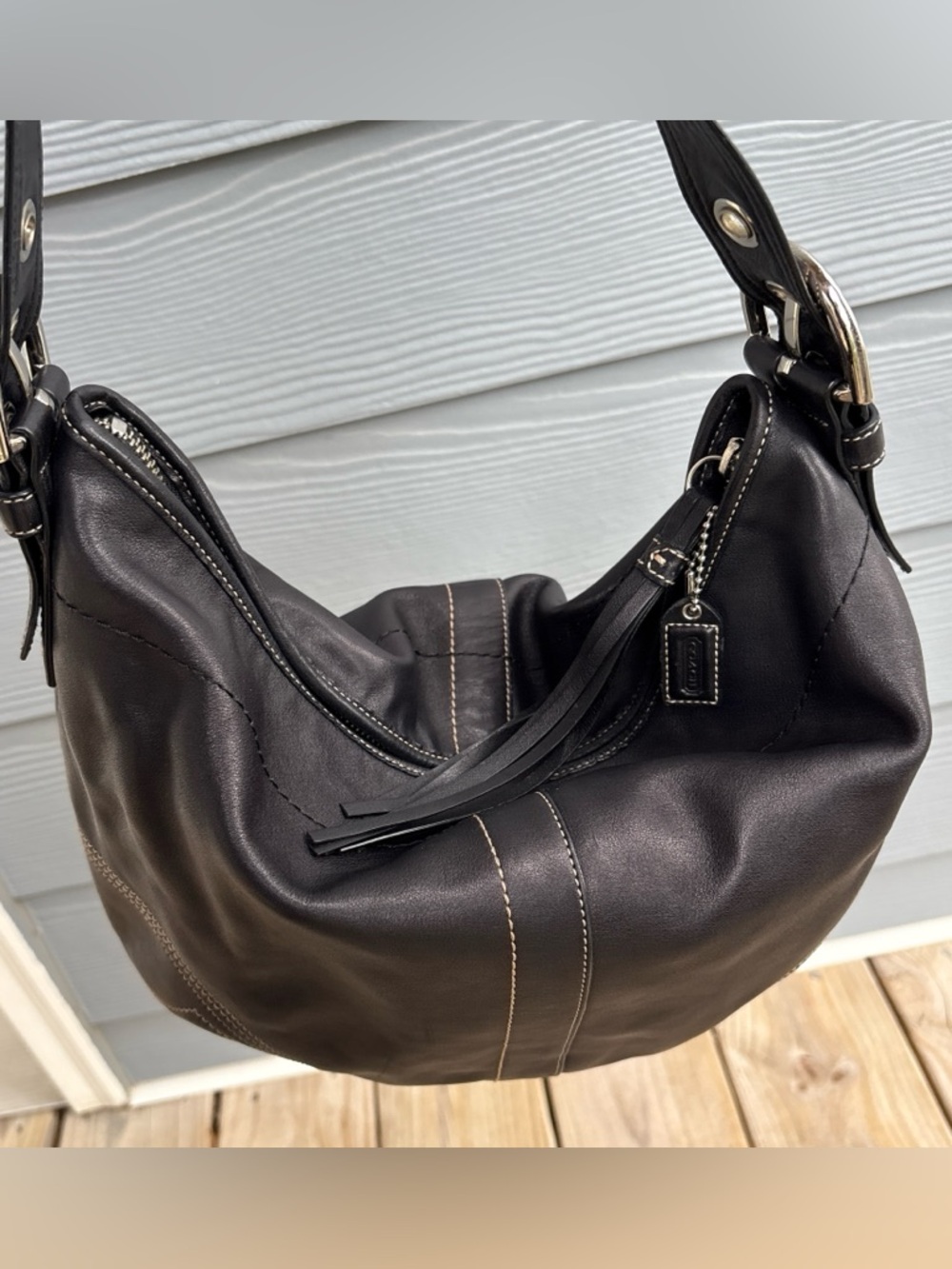 Coach Black Leather Shoulder Hobo with Tassel Zip Pull